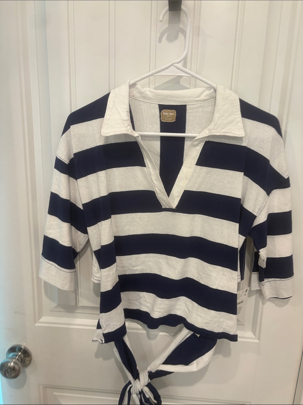 Free People Navy & White Striped Tie-Front Rugby Top
